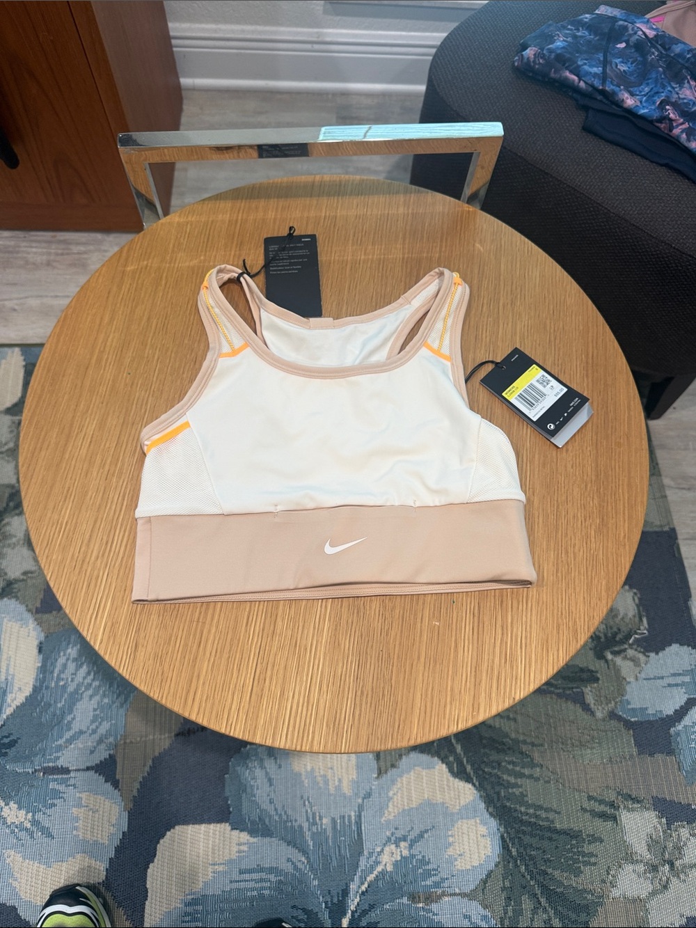 Nike White & Beige Sports Bra with Peach Trim